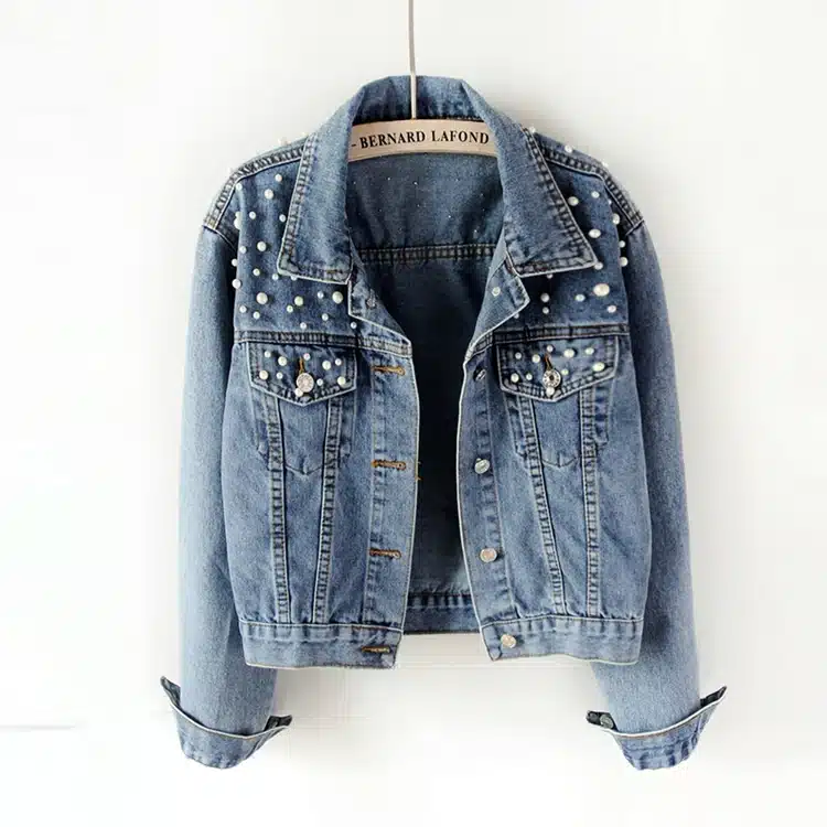 2018 Spring Women Basic Coats Women Denim Jacket Pearls Beading Kpop Jeans Coat Loose Long Sleeve Jackets 1667 2