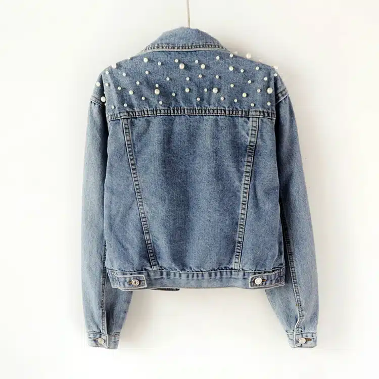 2018 Spring Women Basic Coats Women Denim Jacket Pearls Beading Kpop Jeans Coat Loose Long Sleeve Jackets 1667 3