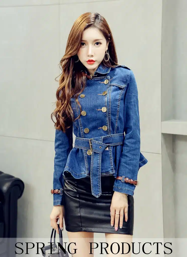 Korea Vintage Denim Jacket Women 2018 Spring Turn Down Collar Double Breasted Coat Jeans For Lady Belt Slim Female Jackets Jeans 15