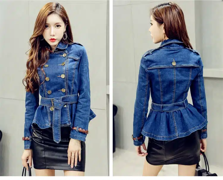 Korea Vintage Denim Jacket Women 2018 Spring Turn Down Collar Double Breasted Coat Jeans For Lady Belt Slim Female Jackets Jeans 16