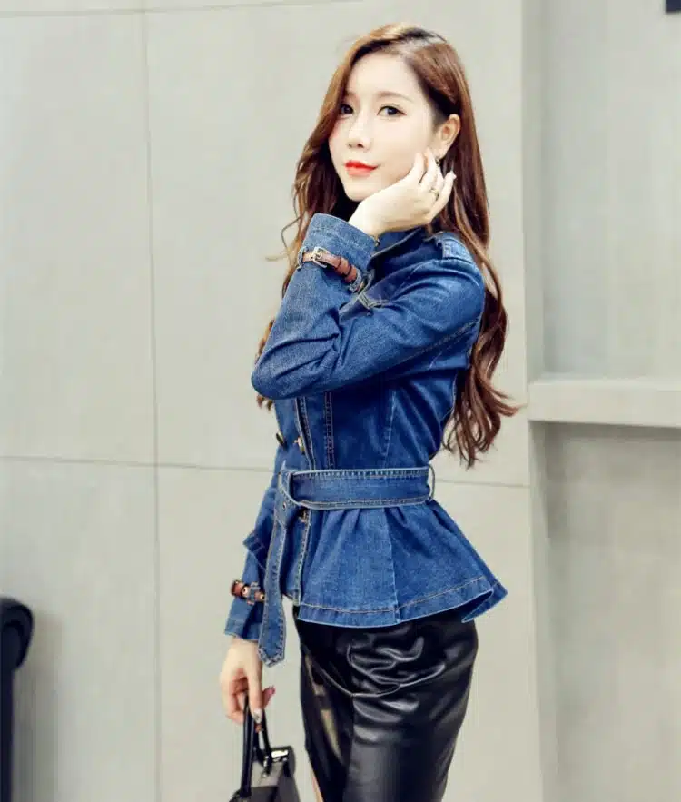 Korea Vintage Denim Jacket Women 2018 Spring Turn Down Collar Double Breasted Coat Jeans For Lady Belt Slim Female Jackets Jeans 17