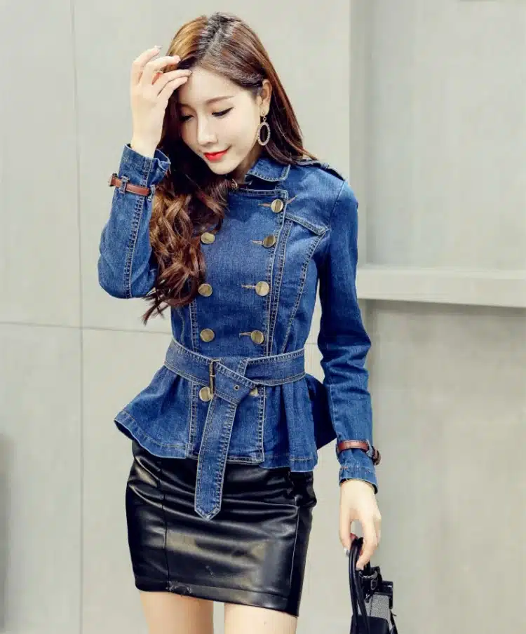Korea Vintage Denim Jacket Women 2018 Spring Turn Down Collar Double Breasted Coat Jeans For Lady Belt Slim Female Jackets Jeans 18