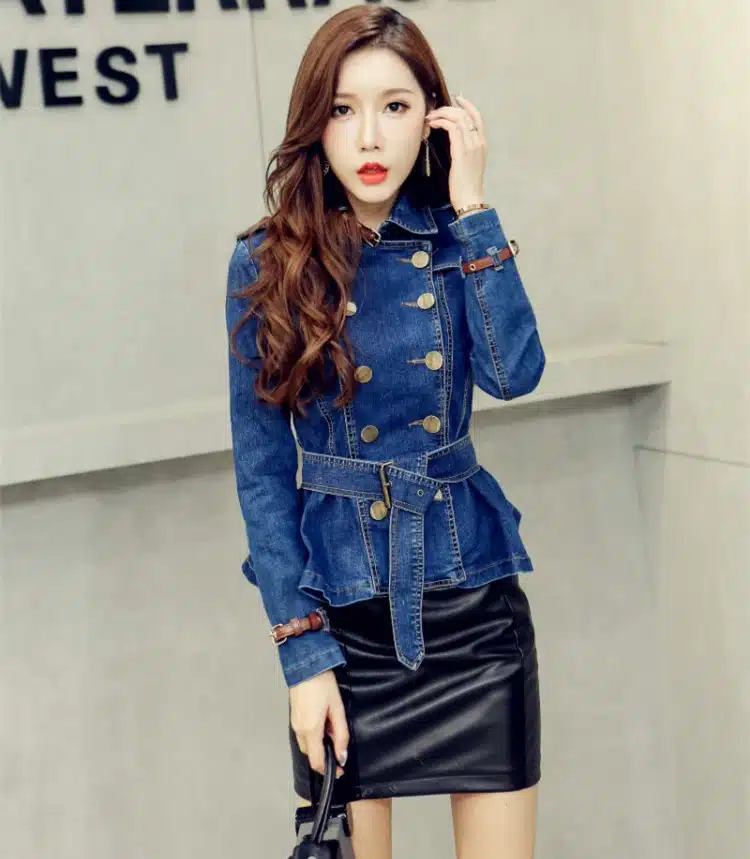 Korea Vintage Denim Jacket Women 2018 Spring Turn Down Collar Double Breasted Coat Jeans For Lady Belt Slim Female Jackets Jeans 19