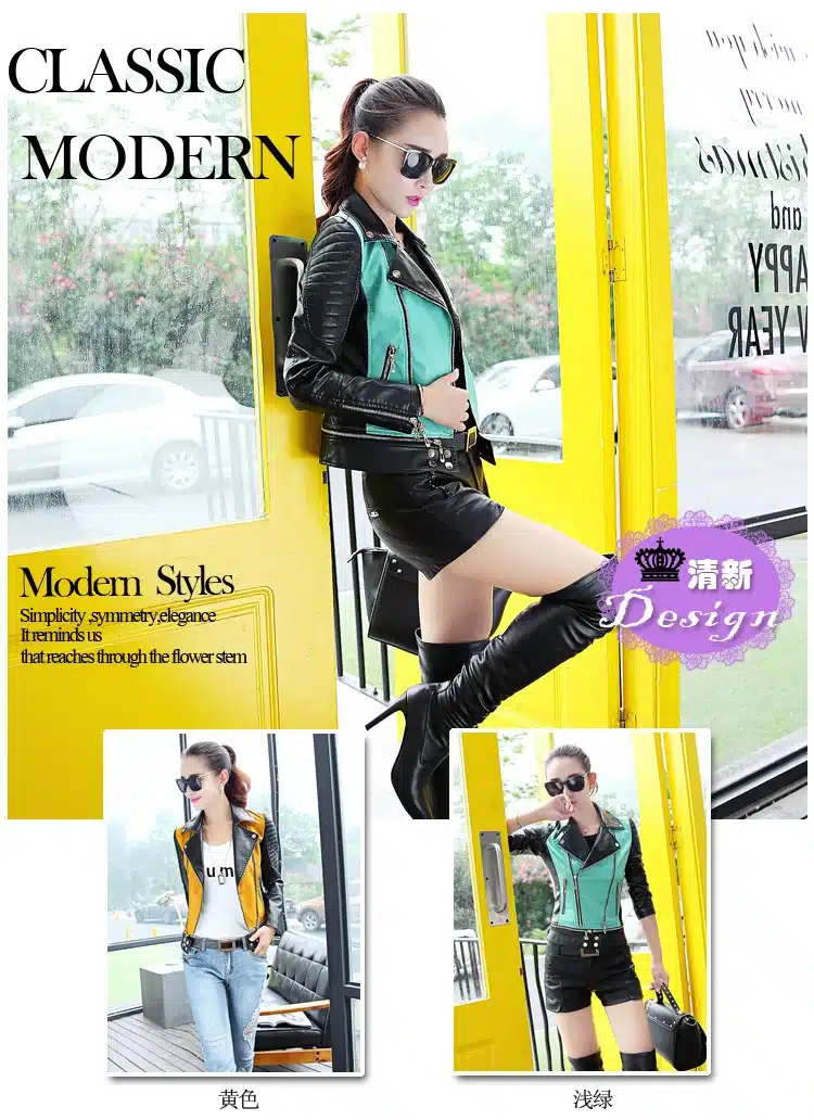 6 sizes PU women leather motorcycle jacket patchwork color spring autumn zipper design women leather jacket coat plus size S-3XL 11