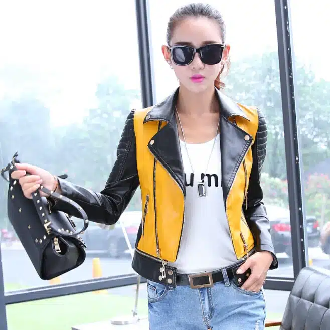 6 sizes PU women leather motorcycle jacket patchwork color spring autumn zipper design women leather jacket coat plus size S-3XL 12