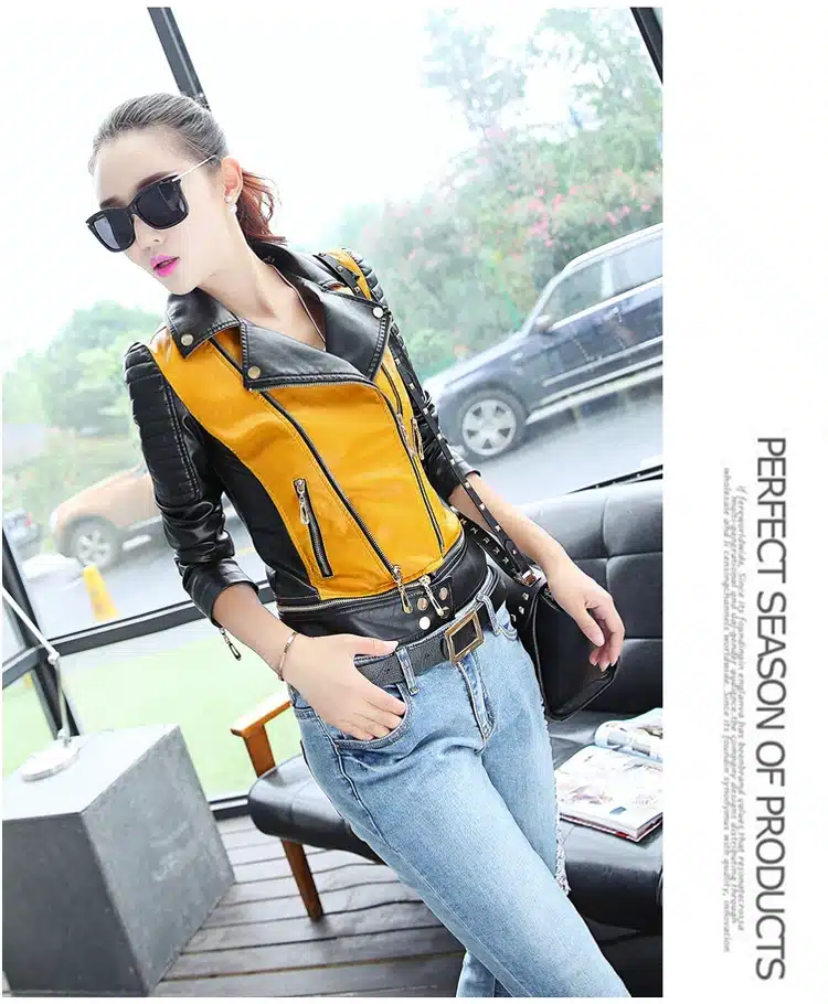 6 sizes PU women leather motorcycle jacket patchwork color spring autumn zipper design women leather jacket coat plus size S-3XL 15