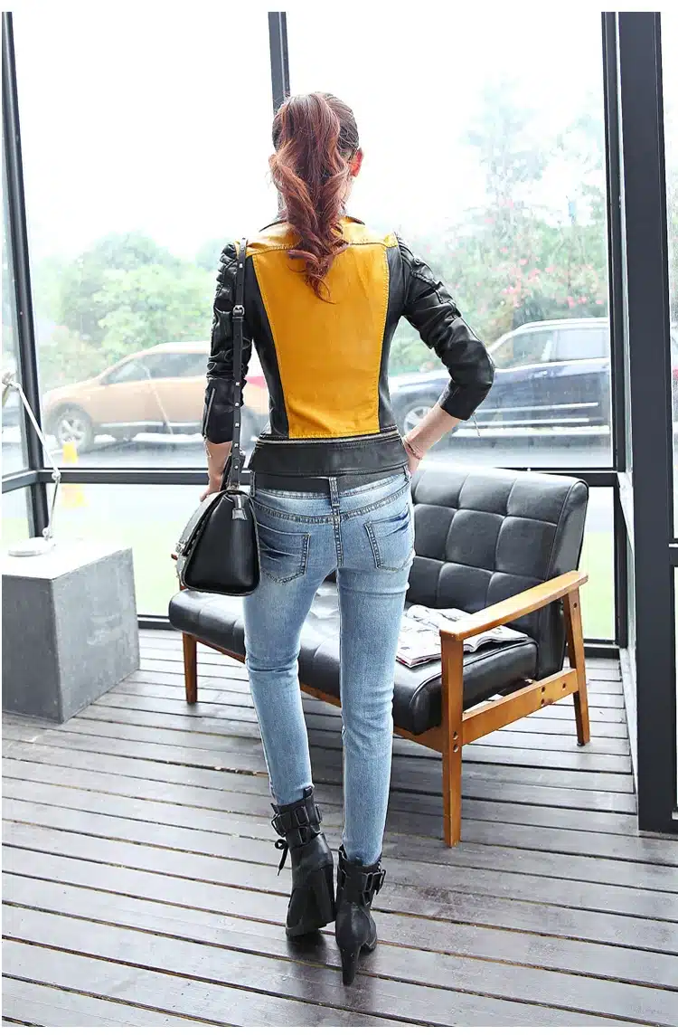 6 sizes PU women leather motorcycle jacket patchwork color spring autumn zipper design women leather jacket coat plus size S-3XL 16