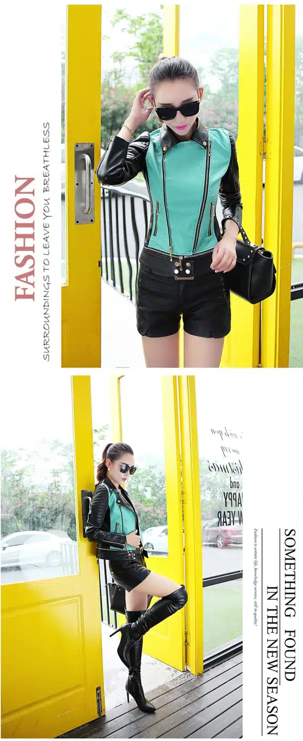 6 sizes PU women leather motorcycle jacket patchwork color spring autumn zipper design women leather jacket coat plus size S-3XL 18