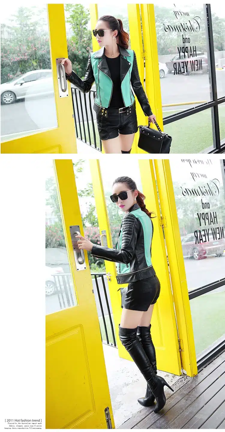 6 sizes PU women leather motorcycle jacket patchwork color spring autumn zipper design women leather jacket coat plus size S-3XL 19