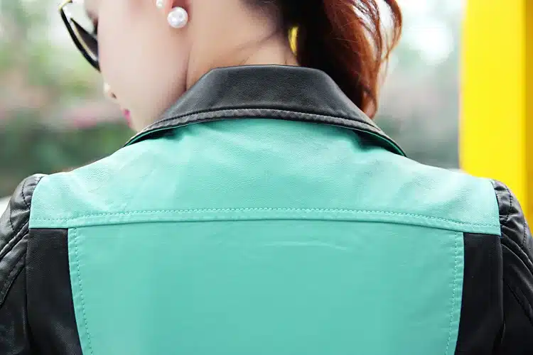 6 sizes PU women leather motorcycle jacket patchwork color spring autumn zipper design women leather jacket coat plus size S-3XL 23