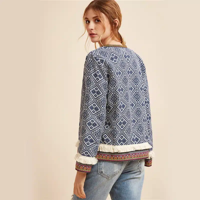 Sheinside Tribal Embroidered Jacket Blue Vintage Fringe Tape Trim Women Autumn Coat Spring Long Sleeve Elegant Boho Jacket 21