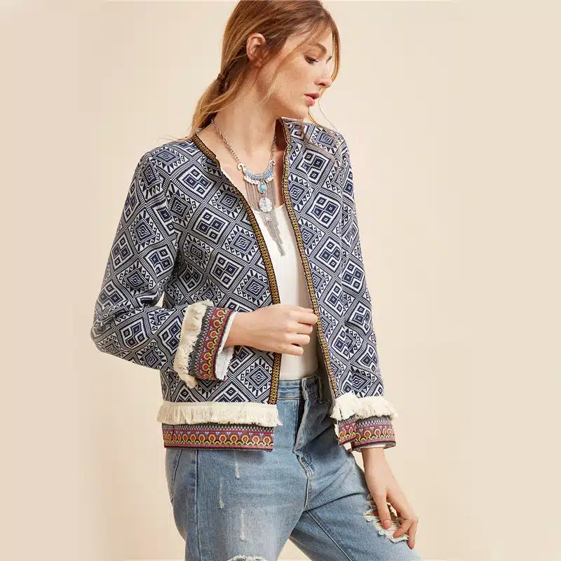 Sheinside Tribal Embroidered Jacket Blue Vintage Fringe Tape Trim Women Autumn Coat Spring Long Sleeve Elegant Boho Jacket 22