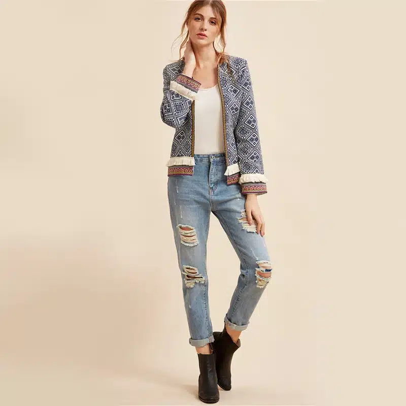Sheinside Tribal Embroidered Jacket Blue Vintage Fringe Tape Trim Women Autumn Coat Spring Long Sleeve Elegant Boho Jacket 23