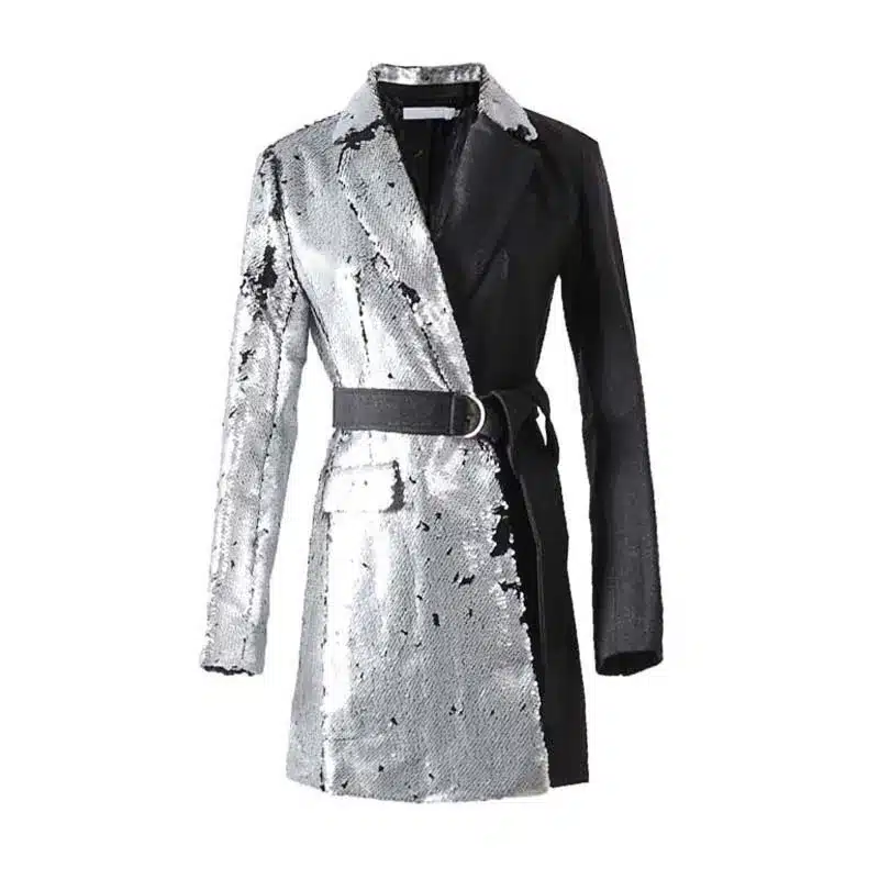 [EAM] 2019 New Spring Lapel Long Sleeve Half Side Sequins Stitch Loose Buckle Belt Jacket Women Coat Fashion Tide JI994 6