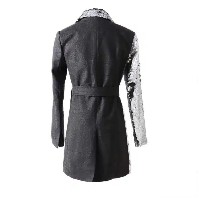 [EAM] 2019 New Spring Lapel Long Sleeve Half Side Sequins Stitch Loose Buckle Belt Jacket Women Coat Fashion Tide JI994 7