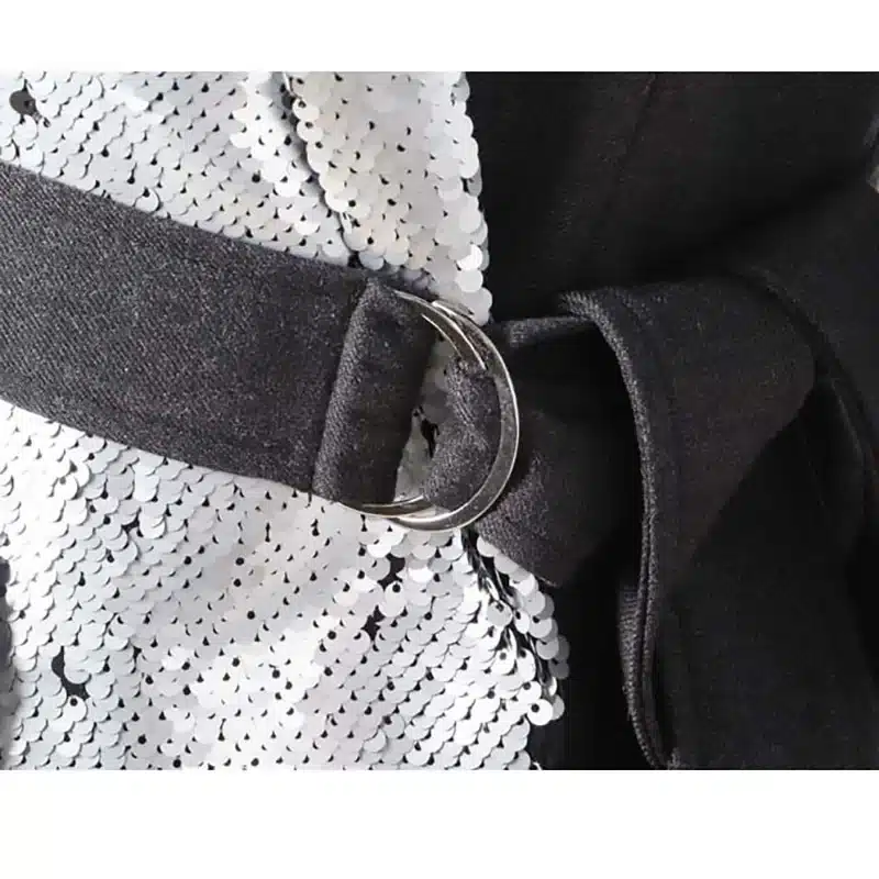 [EAM] 2019 New Spring Lapel Long Sleeve Half Side Sequins Stitch Loose Buckle Belt Jacket Women Coat Fashion Tide JI994 8