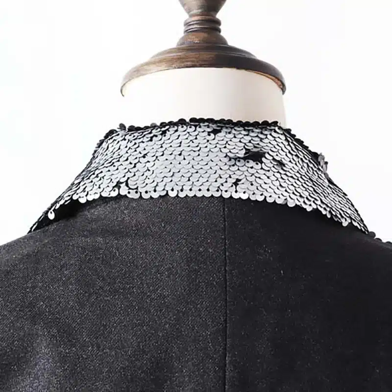 [EAM] 2019 New Spring Lapel Long Sleeve Half Side Sequins Stitch Loose Buckle Belt Jacket Women Coat Fashion Tide JI994 9
