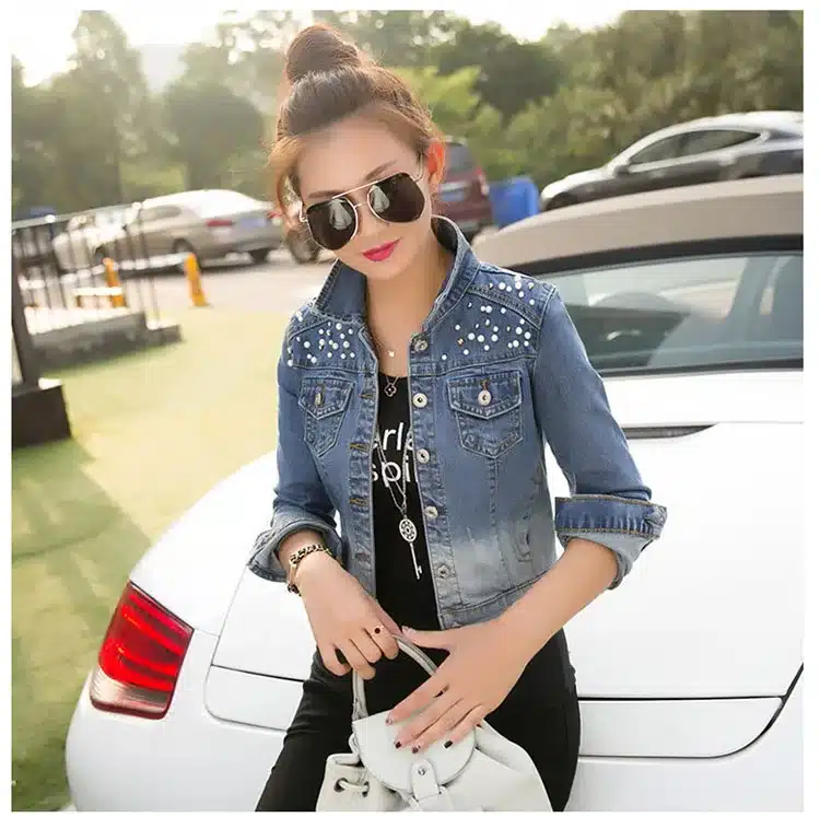 Rihschpiece Spring Denim Jacket Women Short Jeans Jacket Women Basic Coats Pearls Harajuku Slim Coat RZF143 15