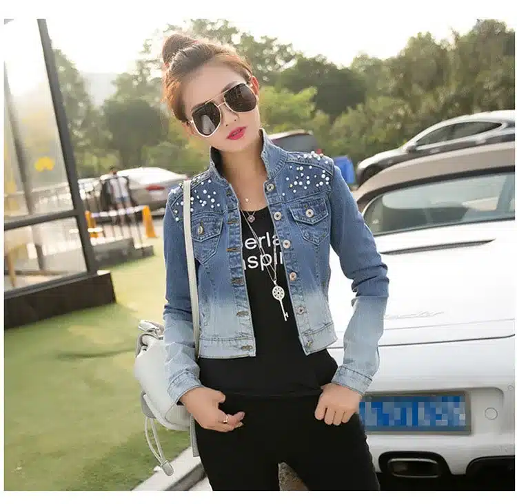 Rihschpiece Spring Denim Jacket Women Short Jeans Jacket Women Basic Coats Pearls Harajuku Slim Coat RZF143 16