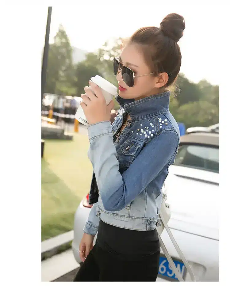 Rihschpiece Spring Denim Jacket Women Short Jeans Jacket Women Basic Coats Pearls Harajuku Slim Coat RZF143 17