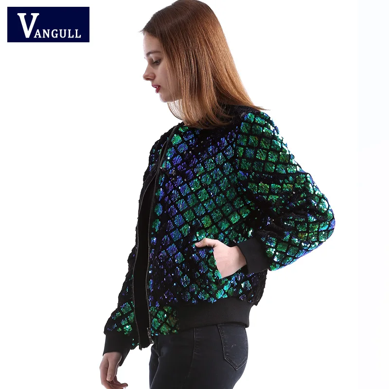 Vangull New Spring Autumn Women Sequin Coat Green Bomber Jacket Long Sleeve Zipper Streetwear Jacket Preppy Casual Basic Coat 9