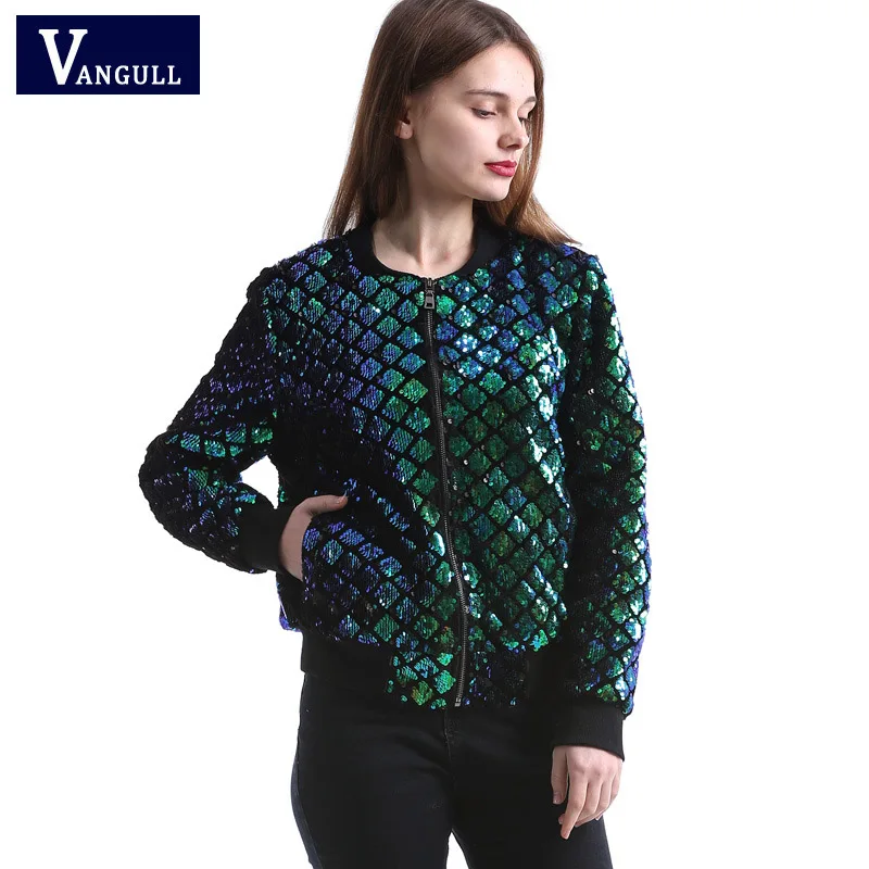 Vangull New Spring Autumn Women Sequin Coat Green Bomber Jacket Long Sleeve Zipper Streetwear Jacket Preppy Casual Basic Coat 10
