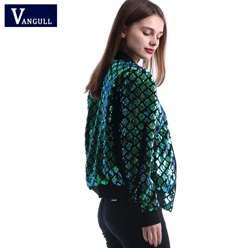 Vangull New Spring Autumn Women Sequin Coat Green Bomber Jacket Long Sleeve Zipper Streetwear Jacket Preppy Casual Basic Coat 11