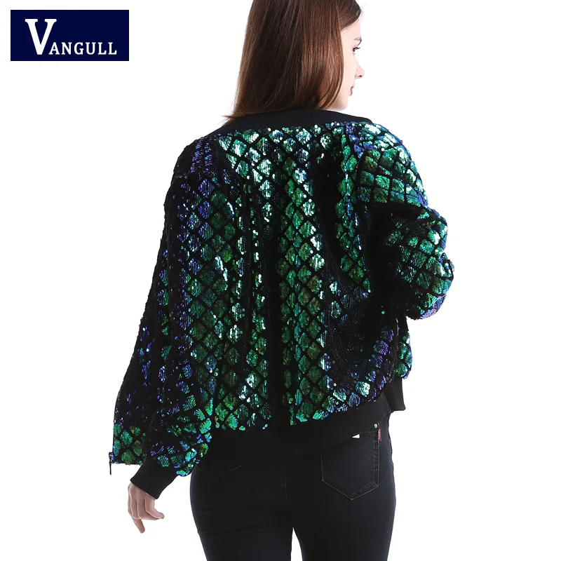 Vangull New Spring Autumn Women Sequin Coat Green Bomber Jacket Long Sleeve Zipper Streetwear Jacket Preppy Casual Basic Coat 12