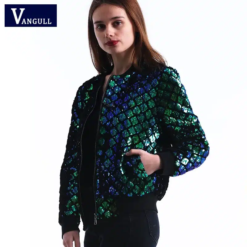 Vangull New Spring Autumn Women Sequin Coat Green Bomber Jacket Long Sleeve Zipper Streetwear Jacket Preppy Casual Basic Coat 13