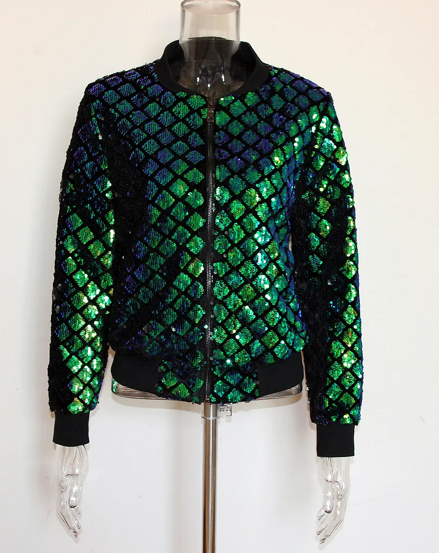 Vangull New Spring Autumn Women Sequin Coat Green Bomber Jacket Long Sleeve Zipper Streetwear Jacket Preppy Casual Basic Coat 14