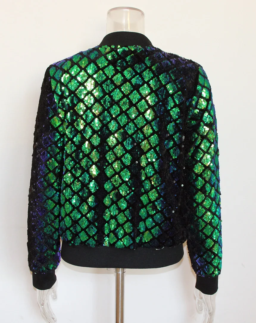 Vangull New Spring Autumn Women Sequin Coat Green Bomber Jacket Long Sleeve Zipper Streetwear Jacket Preppy Casual Basic Coat 15
