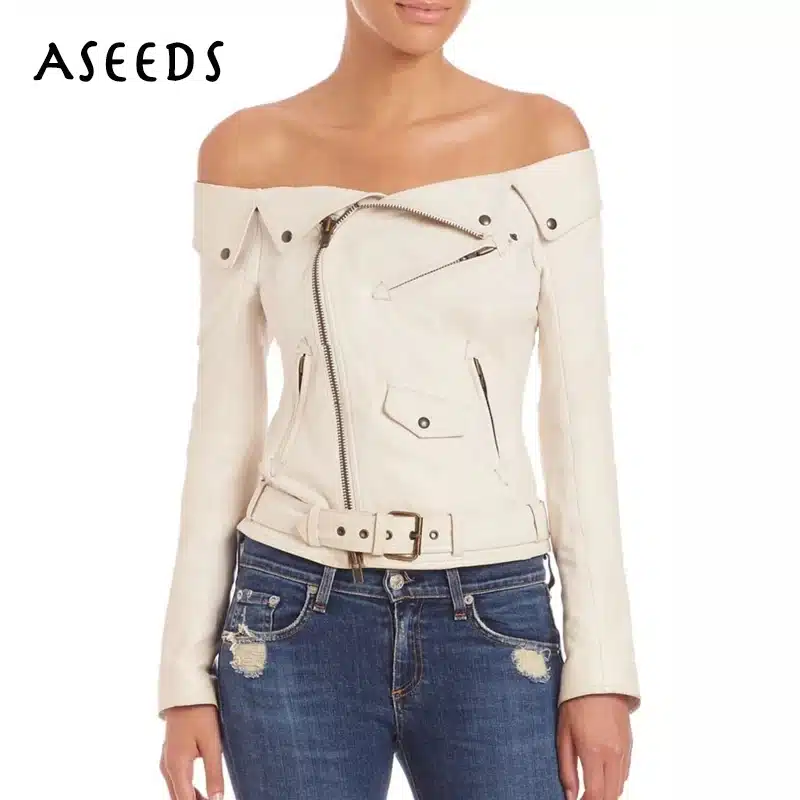 Sexy Off Shoulder Faux PU Leather Jacket women white zipprt slim Motorcycle coat 2018 spring winter black punk rock outwear 3