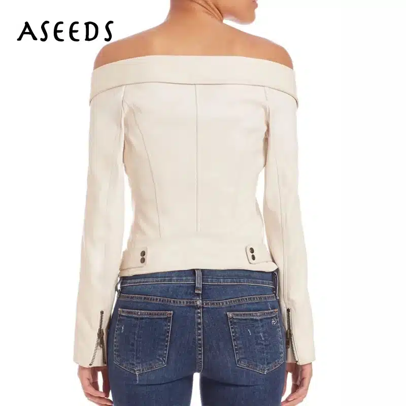Sexy Off Shoulder Faux PU Leather Jacket women white zipprt slim Motorcycle coat 2018 spring winter black punk rock outwear 4