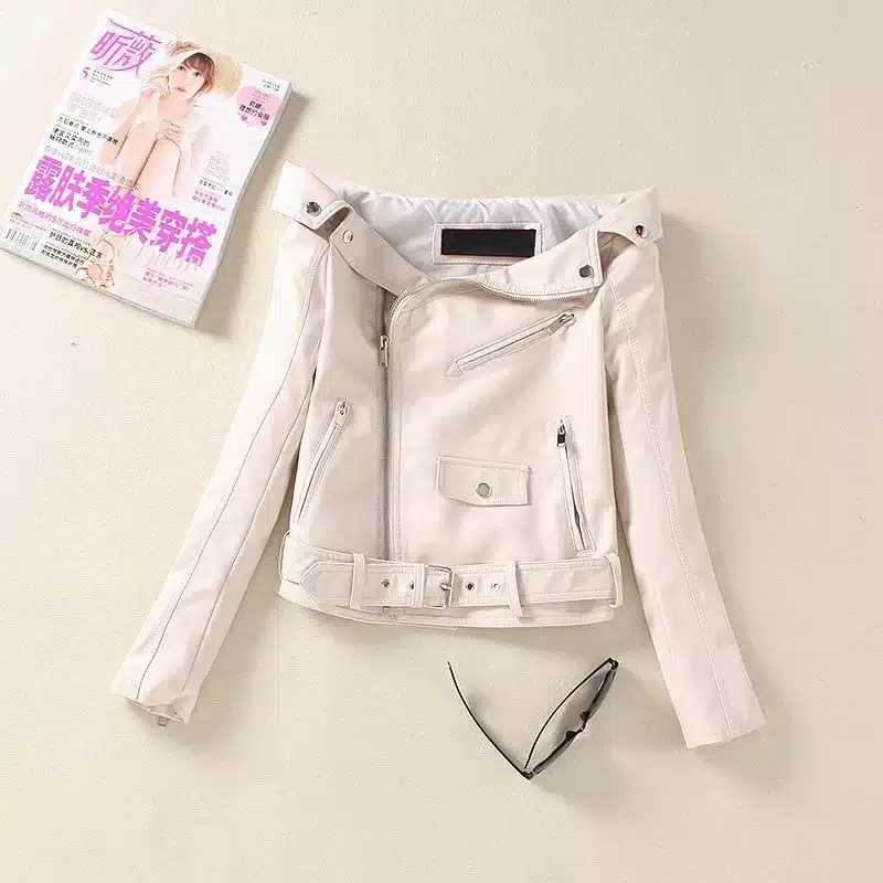 Sexy Off Shoulder Faux PU Leather Jacket women white zipprt slim Motorcycle coat 2018 spring winter black punk rock outwear 16