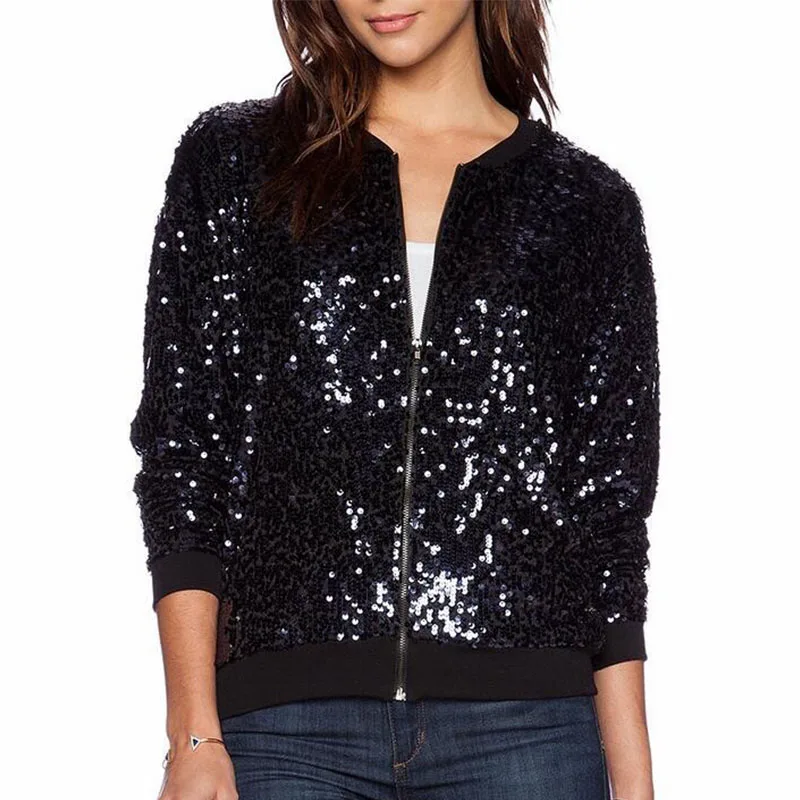 Women Black Sequin Jacket Aviator Bomber Jacket Stand Collar Ladies Bling Baseball Jacket Paillette Coat 2018 Spring Autumn 3