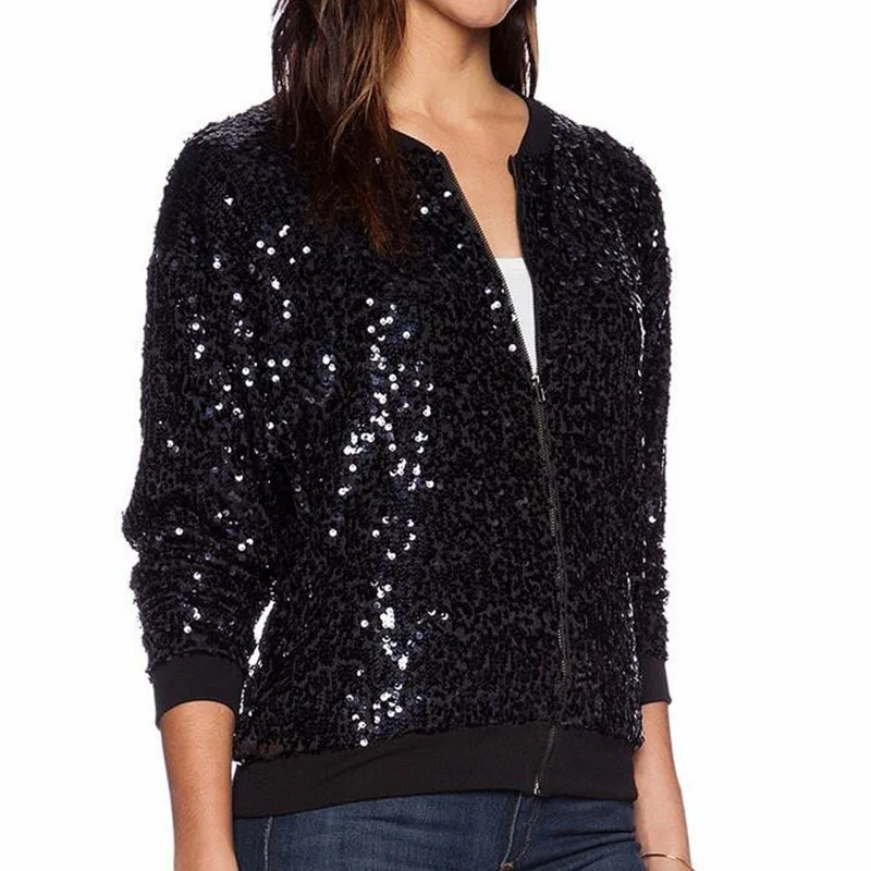 Women Black Sequin Jacket Aviator Bomber Jacket Stand Collar Ladies Bling Baseball Jacket Paillette Coat 2018 Spring Autumn 4