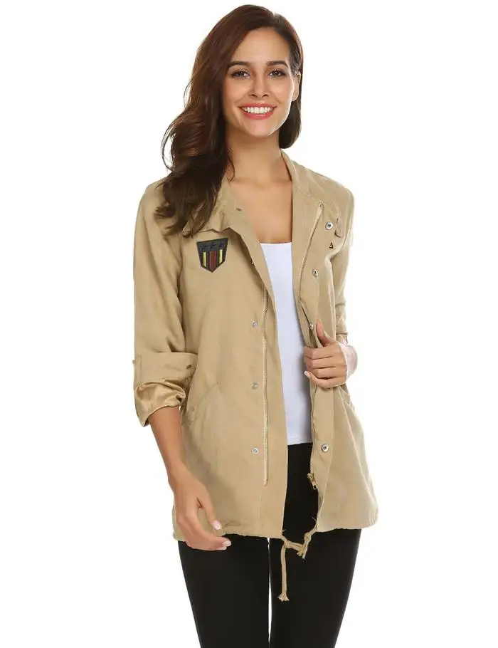 FINEJO womens Autumn Jacket 2018 Spring Hooded Drawstring Coat Long Sleeve Casaco Feminino Solid applique military jacket women 9