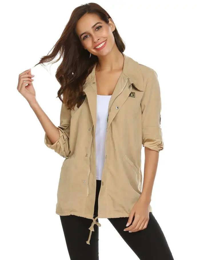 FINEJO womens Autumn Jacket 2018 Spring Hooded Drawstring Coat Long Sleeve Casaco Feminino Solid applique military jacket women 10