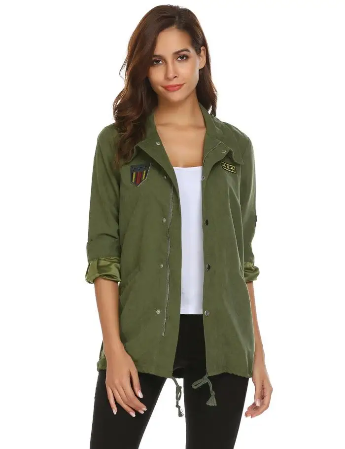 FINEJO womens Autumn Jacket 2018 Spring Hooded Drawstring Coat Long Sleeve Casaco Feminino Solid applique military jacket women 11