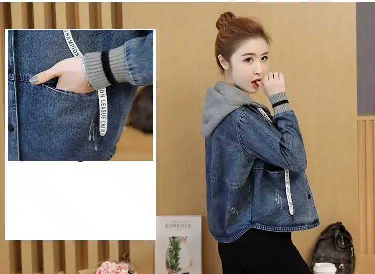 2018 Spring Autumn Women Jeans Jacket Loose Outerwear Fashion Casual Stitching Hooded Denim Jacket Cute Female Short Denim Tops 13