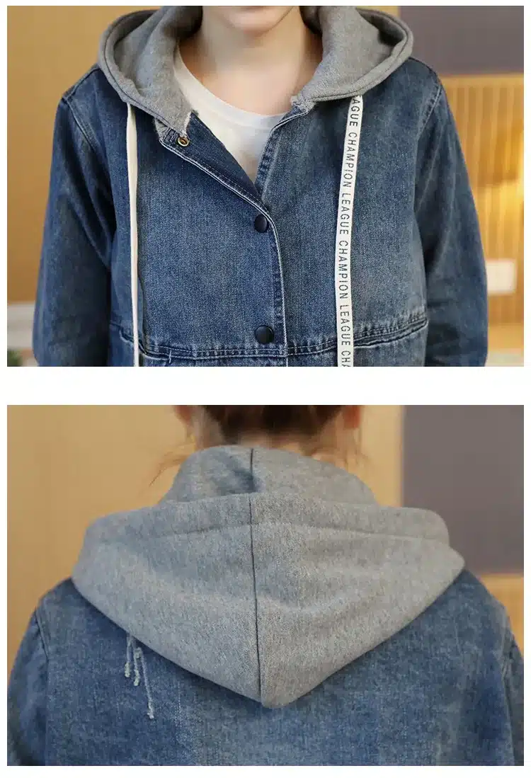 2018 Spring Autumn Women Jeans Jacket Loose Outerwear Fashion Casual Stitching Hooded Denim Jacket Cute Female Short Denim Tops 19