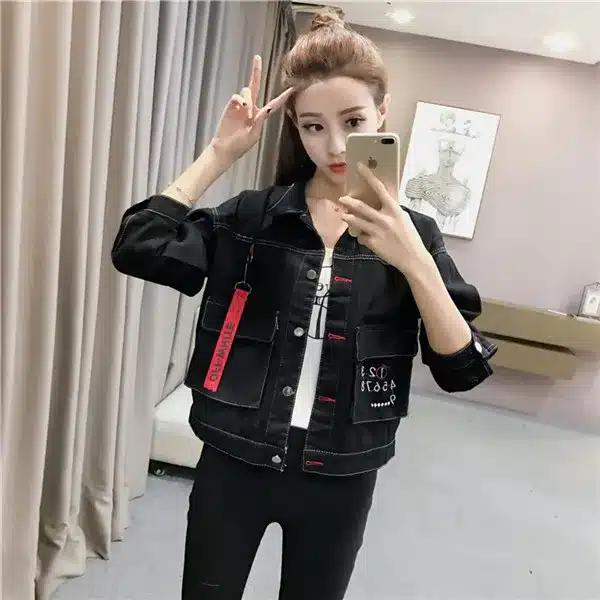 Rlyaeiz Fashion Black Jacket Women 2018 Spring Digital Embroidery Long Sleeve Short Denim Jackets Female Jeans Jackets Coats 11