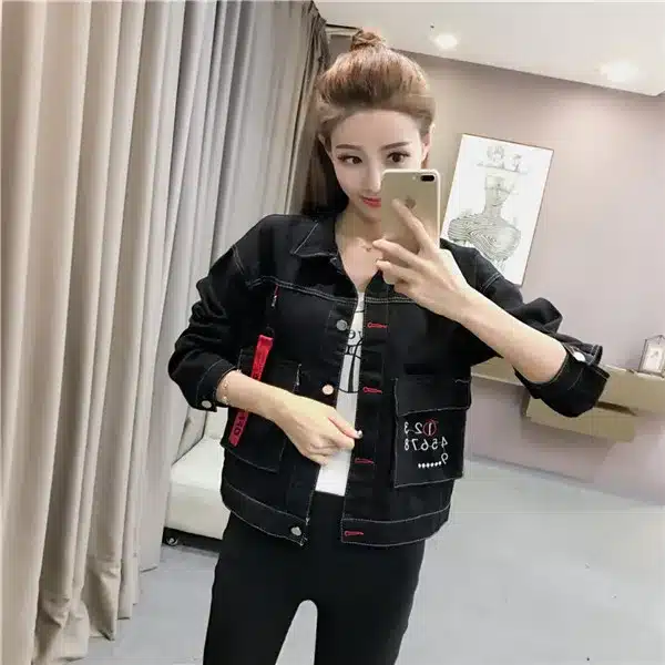 Rlyaeiz Fashion Black Jacket Women 2018 Spring Digital Embroidery Long Sleeve Short Denim Jackets Female Jeans Jackets Coats 12