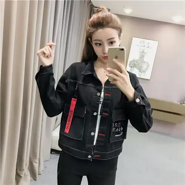 Rlyaeiz Fashion Black Jacket Women 2018 Spring Digital Embroidery Long Sleeve Short Denim Jackets Female Jeans Jackets Coats 13