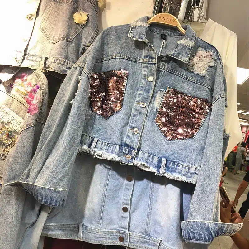 Short Denim Jacket Coat Female Student Loose Spring Autumn Sequins Irregular Short Jeans Jacket Women Holes Denim Coats 5