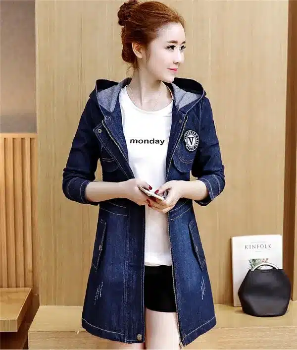 RLYAEIZ Women Denim Jacket 2017 Spring Fashion Pockets Mid-Long Woman Zipper Jeans Jackets casaco Long Sleeve Hooded Denim Coats 12
