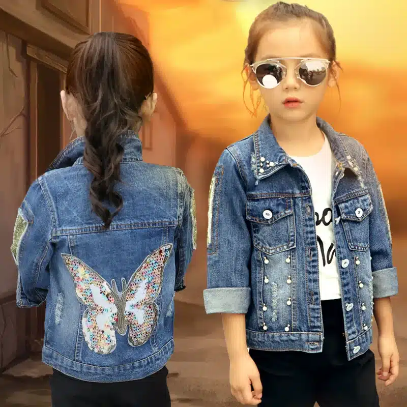 2018 Baby Girls Denim Jacket Cardigan Coat Child Jean Outwear Butterfly Embroidery Sequins Children Clothing Spring Kid Clothes 1