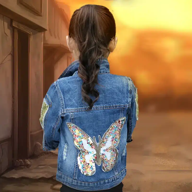 2018 Baby Girls Denim Jacket Cardigan Coat Child Jean Outwear Butterfly Embroidery Sequins Children Clothing Spring Kid Clothes 4