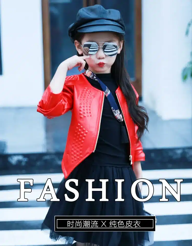 3-12Y Fashion Red Black 2017 Spring Long Sleeve Coat Kids Big Girls Jacket PU Leather Girl Jacket Children Outerwear 2