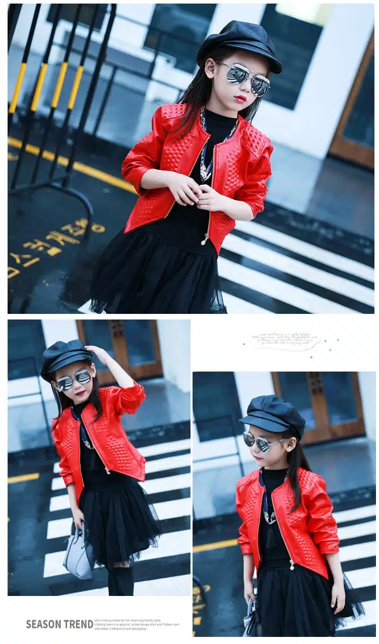 3-12Y Fashion Red Black 2017 Spring Long Sleeve Coat Kids Big Girls Jacket PU Leather Girl Jacket Children Outerwear 5